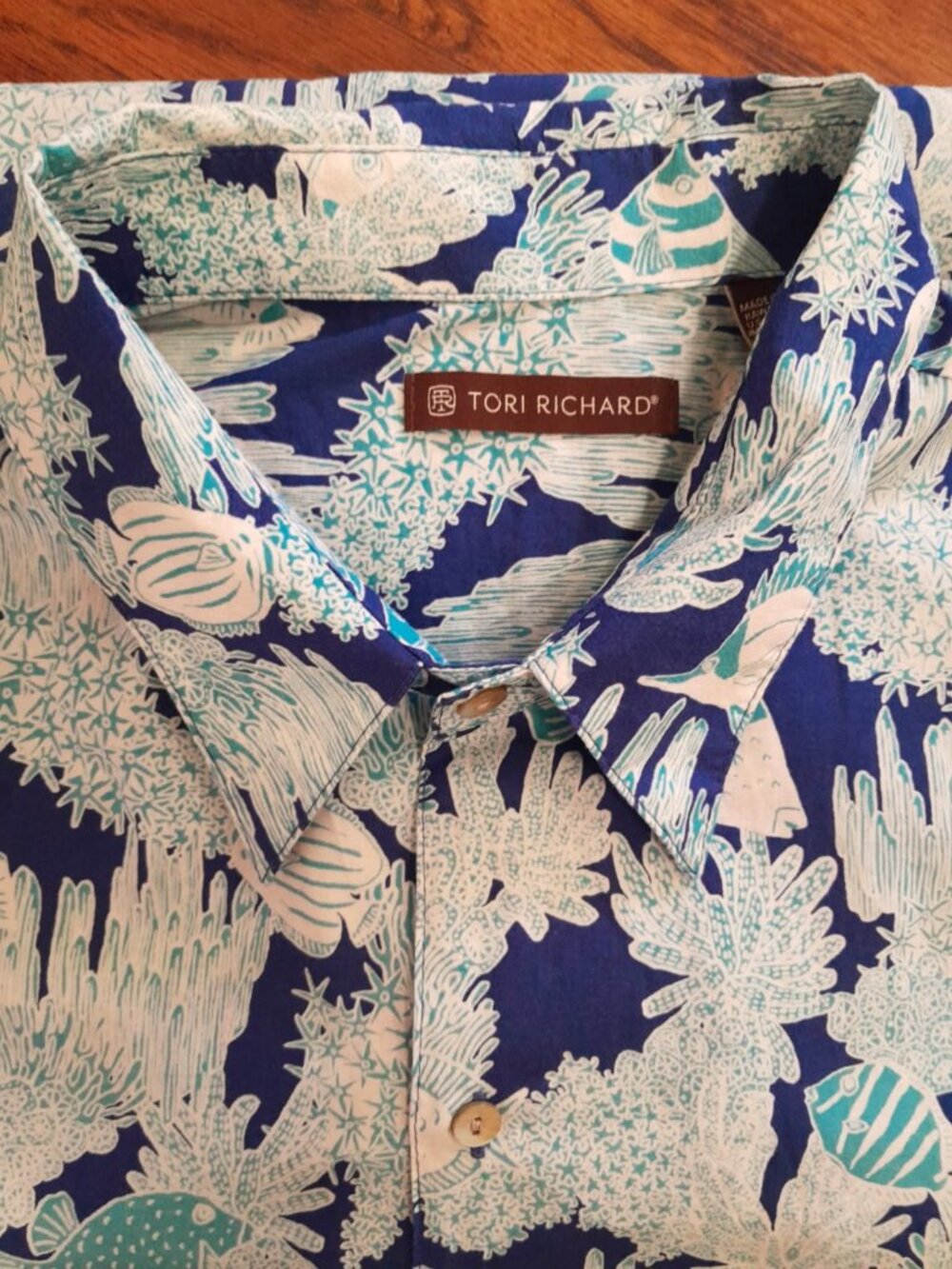 Tori Richrard Cotton Lawn Aloha Shirt Hawaiian Fish Coral Ocean 3XB Blue Beach